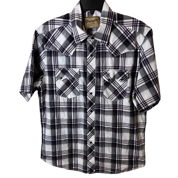 Retro Wrangler‎ Purple Black Plaid Black Pearl Snaps Cowboy - Picture 1 of 5